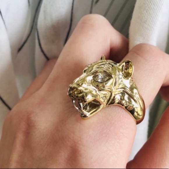 ALEXIS BITTAR• NEW Gleaming Gold Sculpted Panther Head Crystal Power Ring size 7 - Picture 4 of 15